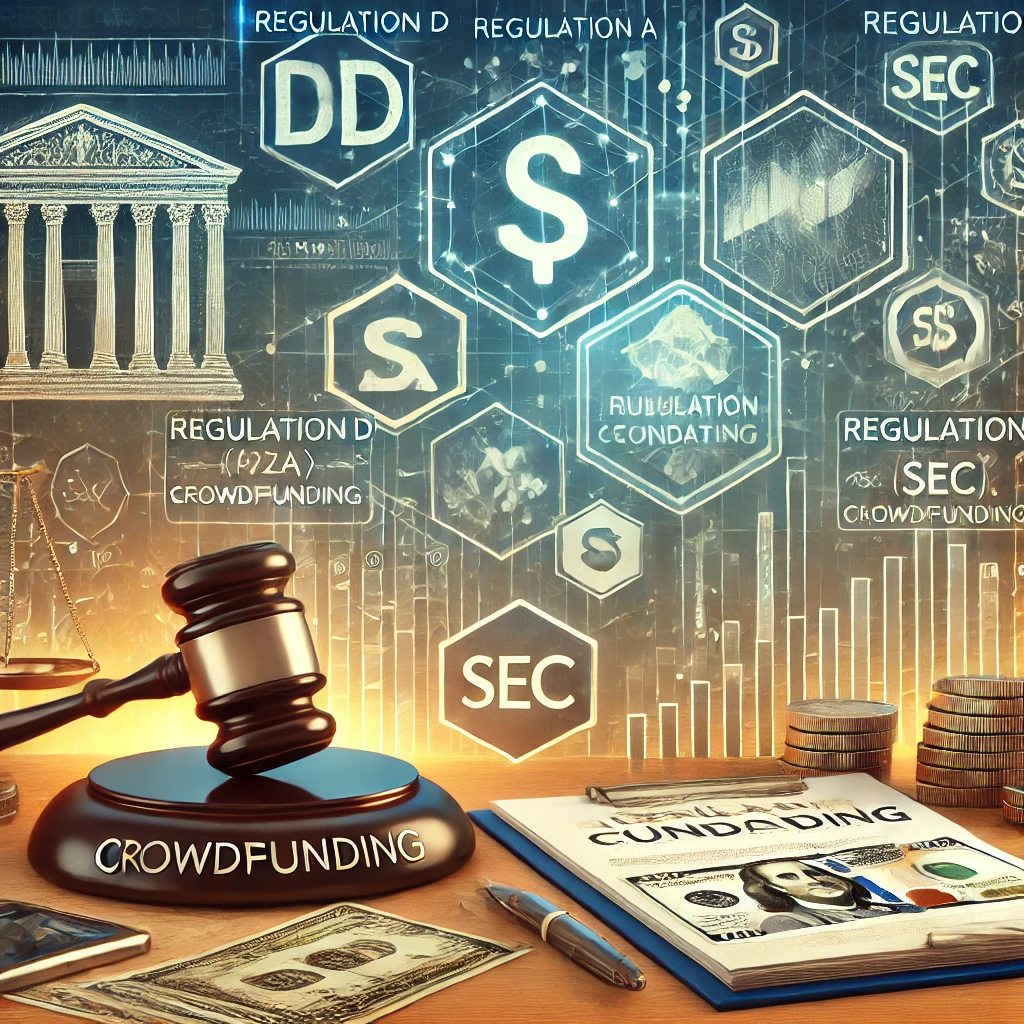 A conceptual illustration of Regulation D, Regulation A, and Crowdfunding, featuring legal documents, a gavel, investment charts, and compliance symbols.
