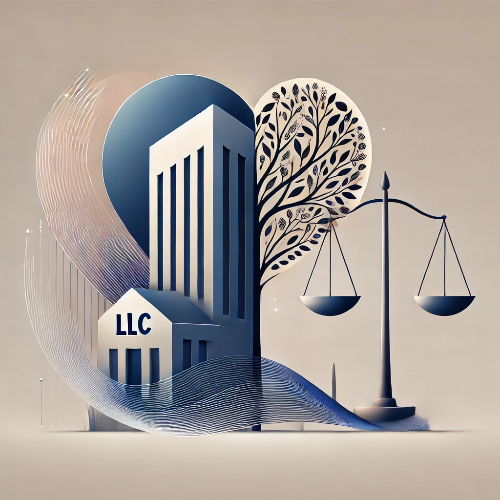 Creative minimalist illustration depicting business entity structures, representing Limited Liability Companies (LLCs), Public Benefit Corporations, and 501(c)(3) Nonprofits in an abstract and visually appealing way.