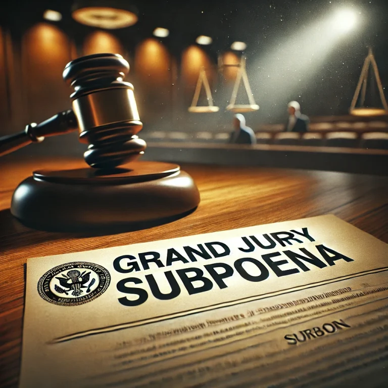 A grand jury subpoena document on a wooden desk with a gavel beside it, symbolizing legal authority and court proceedings.