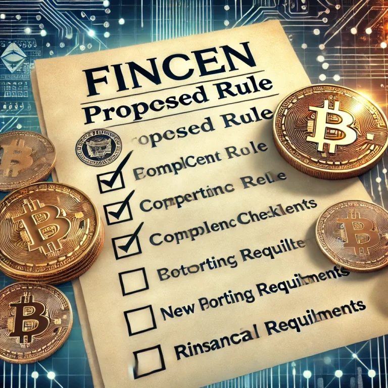 A government document labeled "FinCEN Proposed Rule" with Bitcoin and compliance checklists, symbolizing new crypto reporting regulations.