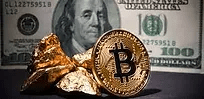 Creative image of Bitcoin and American dollar bill