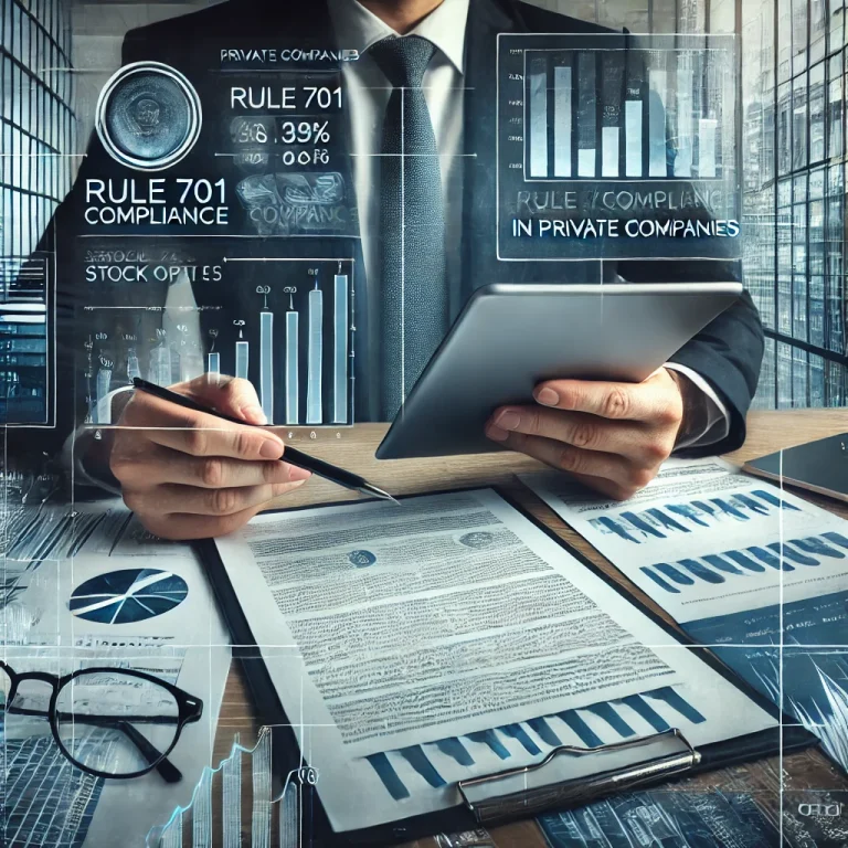 A professional and modern blog image illustrating Rule 701 compliance in private companies, featuring financial documents, data charts, and a business professional reviewing compliance reports on a tablet.