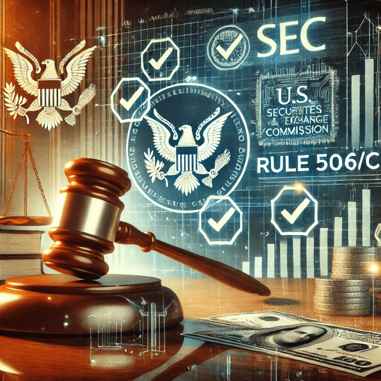SEC Regulation D Rule 506(c) updates – A legal-themed digital illustration featuring a judge’s gavel, financial documents, investor verification checkmarks, and the SEC emblem, symbolizing regulatory compliance and capital raising