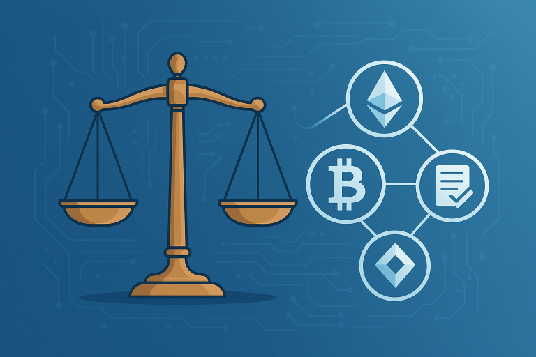 Illustration of a legal scale balanced with blockchain and cryptocurrency symbols on a digital background