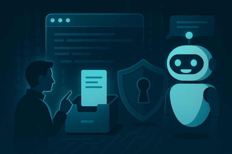 Futuristic digital illustration of a human interacting with an AI chatbot, surrounded by data protection symbols and glowing interface elements