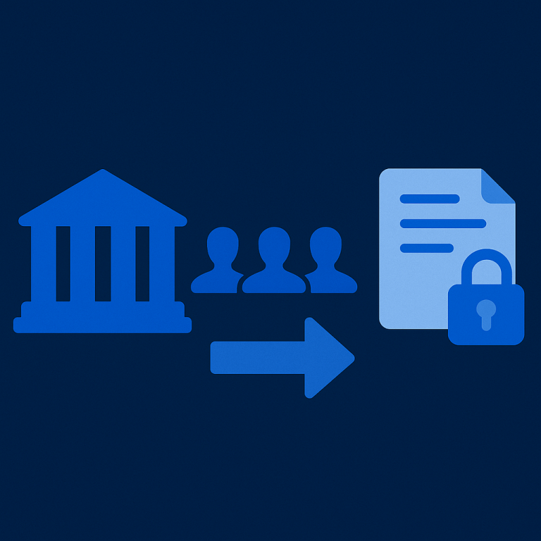 Illustration of secure data privacy with a government building, user group, and locked document icon representing information protection and compliance.