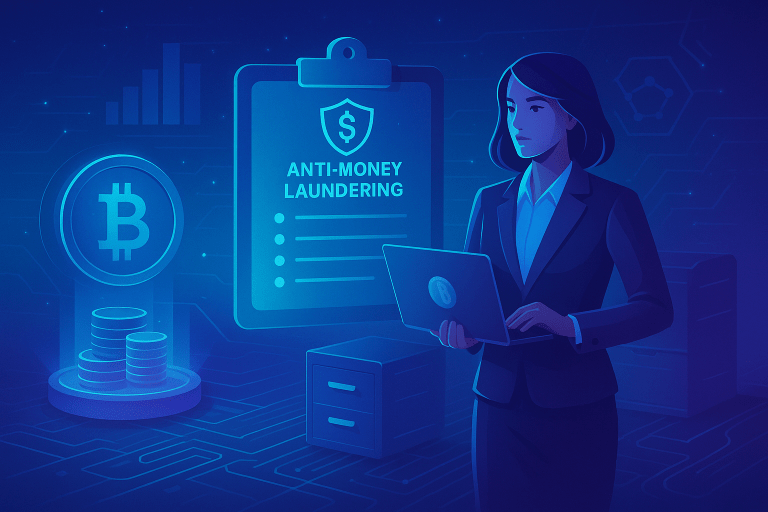 A professional woman holding a laptop and standing beside a glowing anti-money laundering checklist in a high-tech environment with Bitcoin and data security icons.