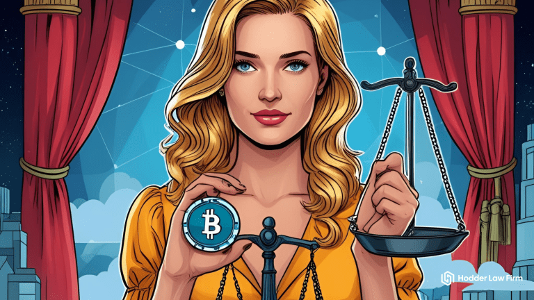 Woman holding justice scales with a Bitcoin symbol in front of red curtains