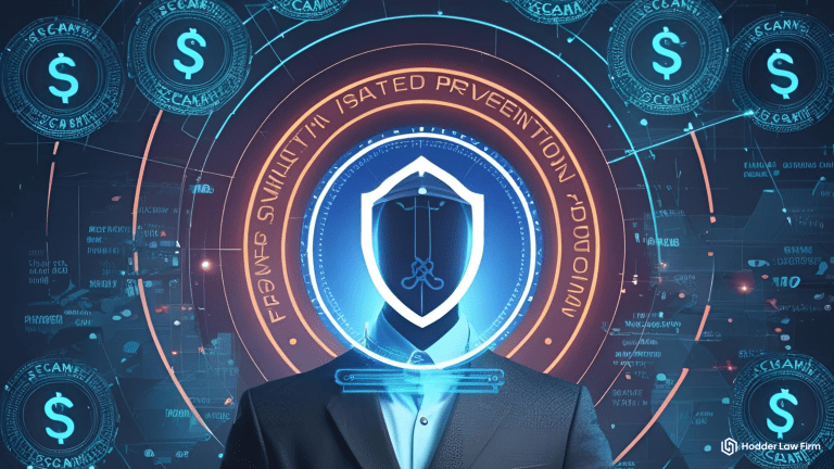 Futuristic illustration of a faceless figure in a suit with a digital shield, representing legal protection against cryptocurrency scams and cyber fraud