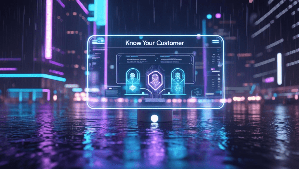 Digital futuristic interface for Know Your Customer identity verification with neon city background