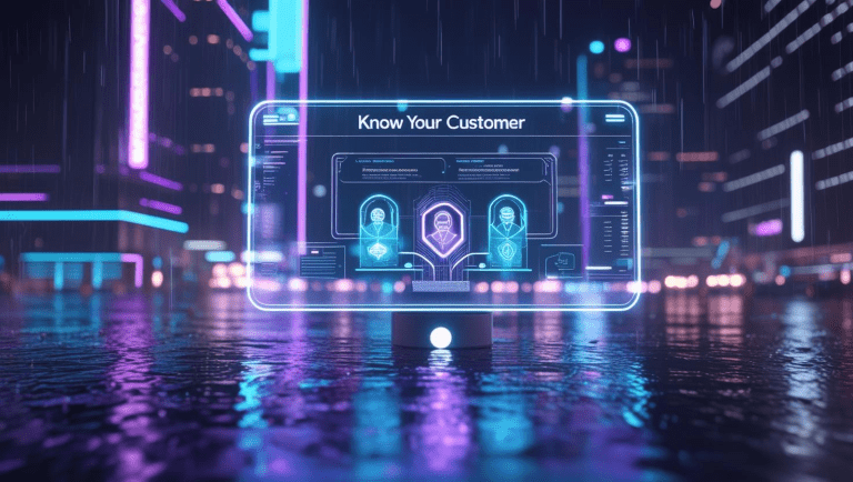 Digital futuristic interface for Know Your Customer identity verification with neon city background