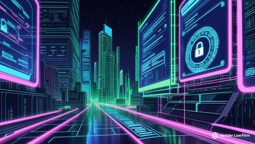 Neon futuristic smart city connected by blockchain network with floating cryptocurrency icons