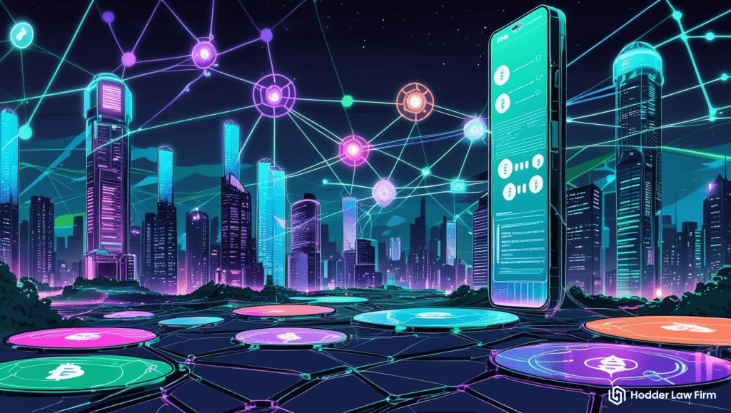 Holographic futuristic data security interface with neon design