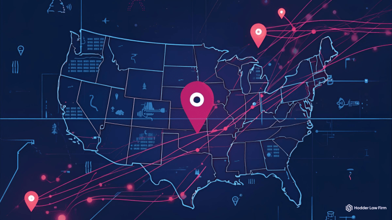 Illustration of the United States map with digital geofence location pins and data lines.