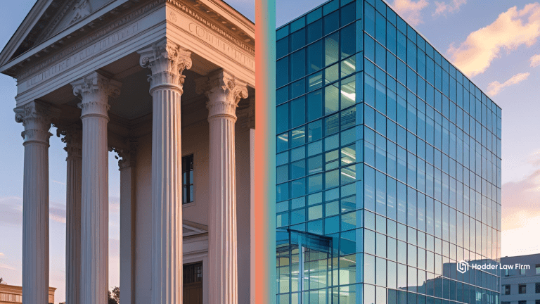 Courthouse beside a modern glass office tower at sunset, symbolizing crypto cases shifting to federal courts.