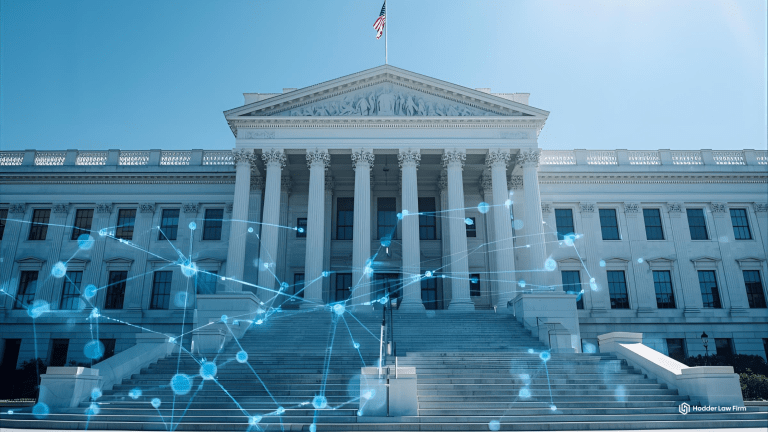 Government courthouse with digital network overlay representing cybersecurity law and data protection compliance.