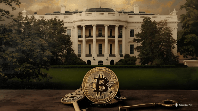 Bitcoin coin and encryption keys in front of a government building, symbolizing U.S. crypto regulation, DOJ Bitcoin seizure, and digital asset custody law.
