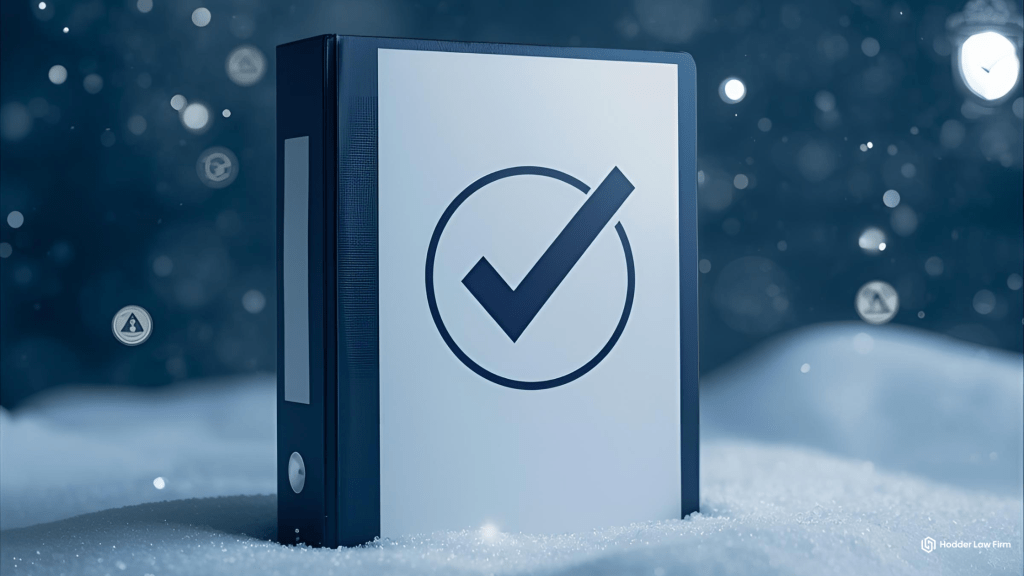 Binder with checkmark icon symbolizing crypto-compliance preparation for new 2026 U.S. digital-asset reporting regulations.
