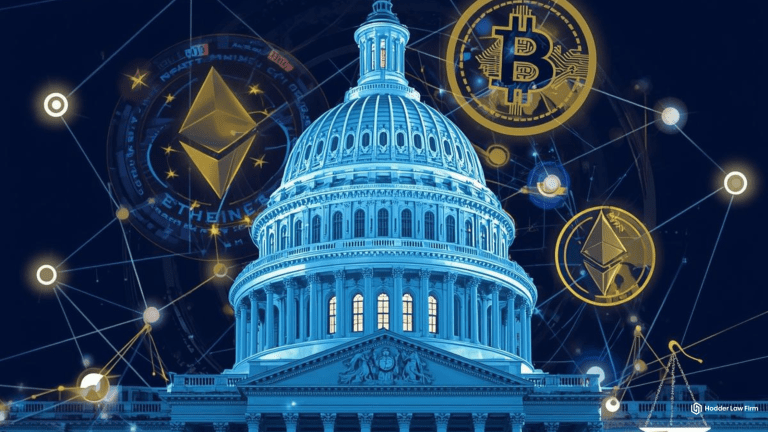 US Capitol building with blockchain network and cryptocurrency symbols representing CLARITY Act legislation