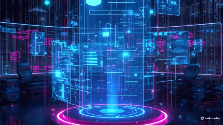 Futuristic holographic interface showing blockchain networks and legal documents with glowing blue elements.
