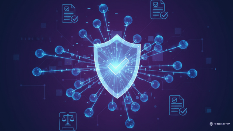 AML compliance framework protecting blockchain network with digital shield and verified documentation