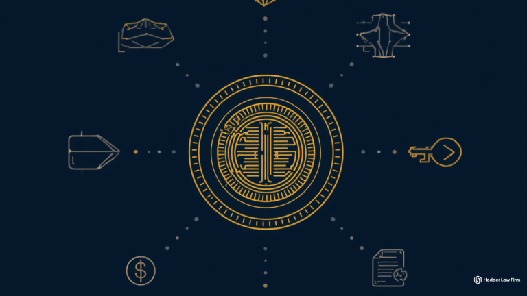Illustrated crypto coin surrounded by blockchain icons representing the SEC and CFTC joint crypto asset classification framework