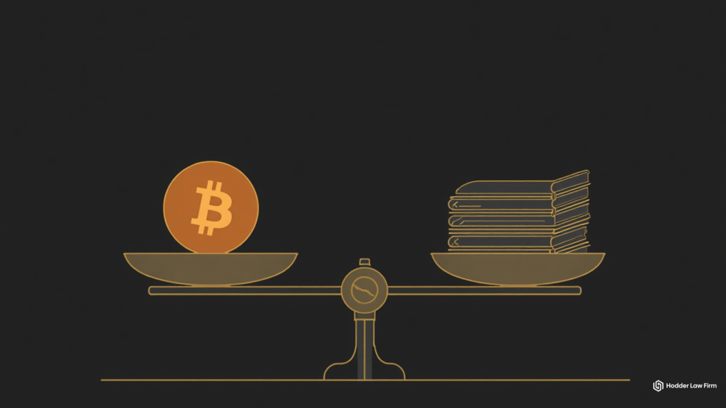A Bitcoin coin balanced against a stack of law books on a scale, symbolizing the Howey test analysis applied to crypto asset securities classification