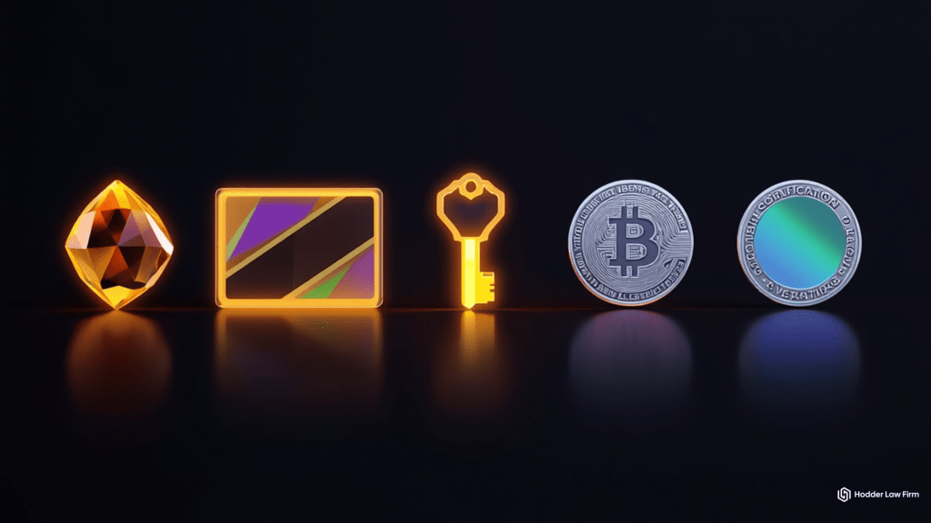 Five 3D icons representing the five crypto asset categories under the 2025 SEC and CFTC joint classification framework: commodity, NFT, utility token, Bitcoin, and stablecoin