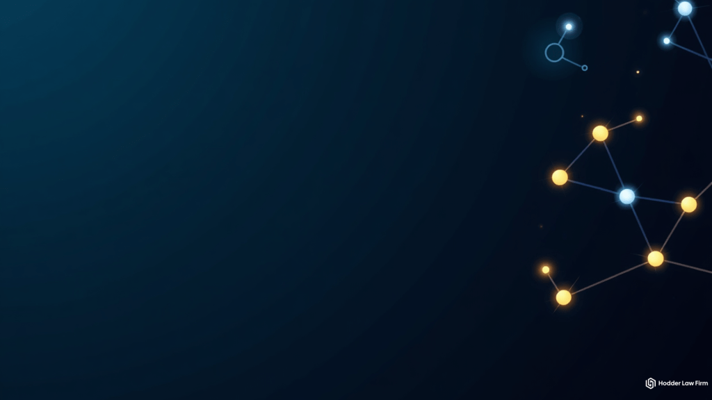 lowing blockchain network nodes on a dark blue background, representing the interconnected crypto asset ecosystem under the 2025 SEC and CFTC regulatory framework