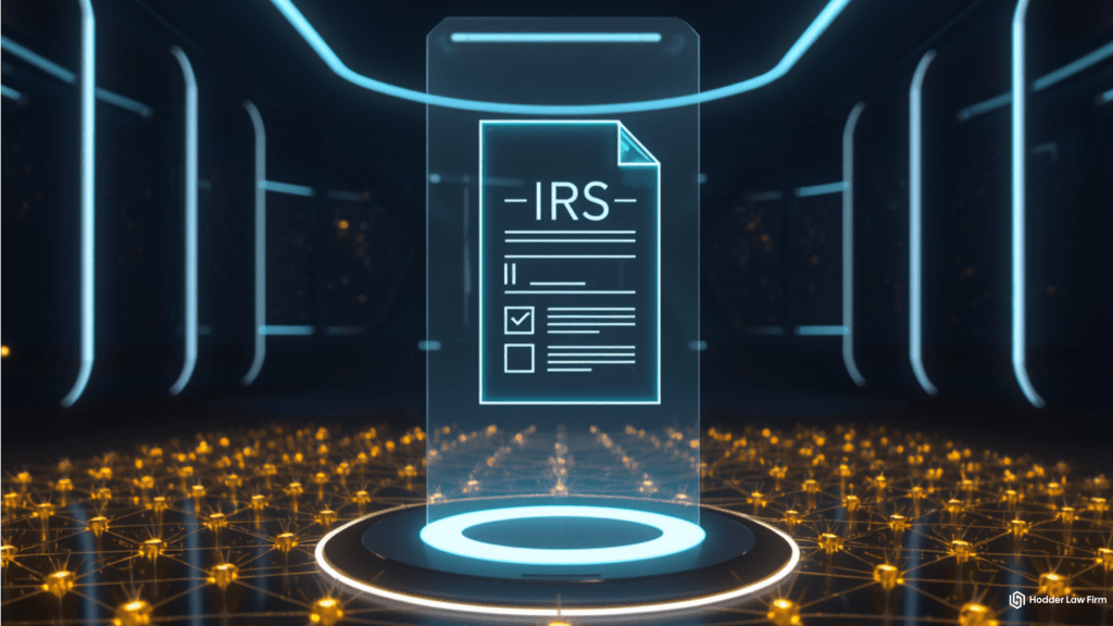 Dark editorial flat lay representing IRS crypto tax reporting requirements for the 2025 tax filing season