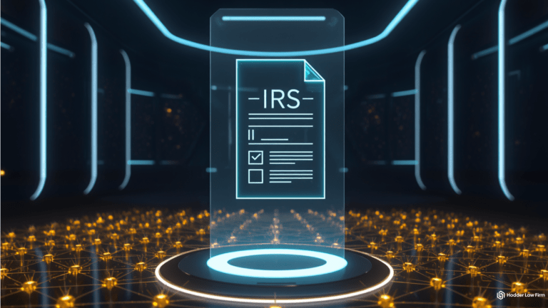 Dark editorial flat lay representing IRS crypto tax reporting requirements for the 2025 tax filing season