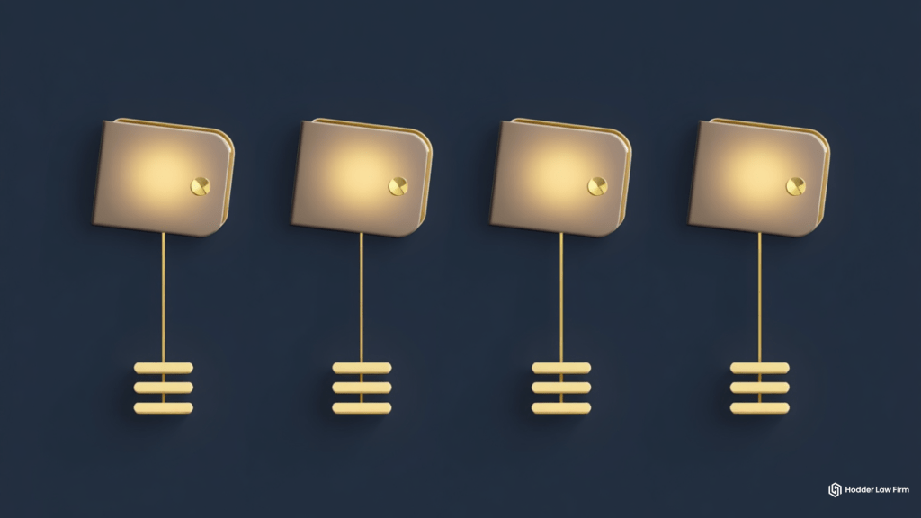 Illustration of four digital wallets each connected to a separate ledger, representing the IRS wallet-by-wallet cost basis accounting method under Rev. Proc. 2024-28