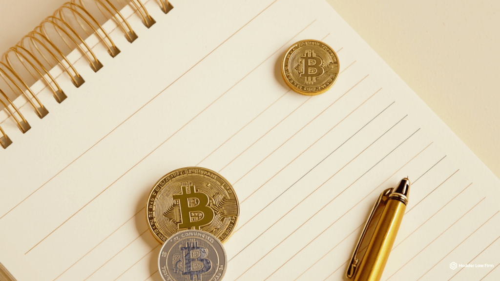 Spiral notebook with Bitcoin coins and a gold pen on lined paper, representing the need for legal expertise in crypto tax compliance and evolving IRS regulations