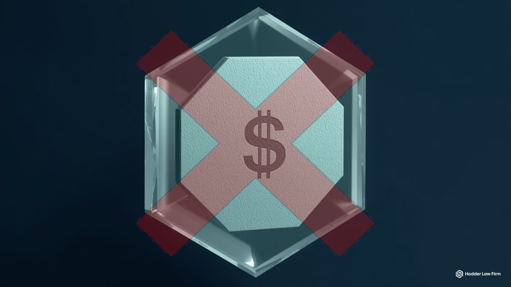 Translucent dollar-marked token crossed out with a red X representing a DEA stablecoin seizure freezing access to digital dollar assets