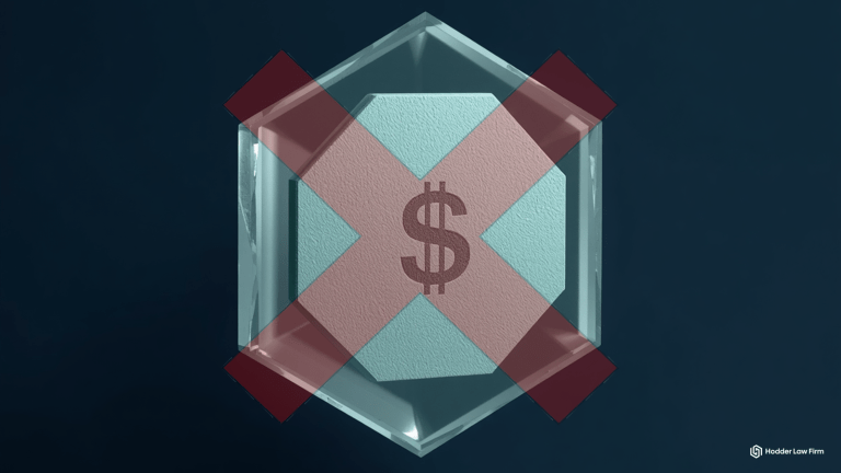 Translucent dollar-marked token crossed out with a red X representing a DEA stablecoin seizure freezing access to digital dollar assets
