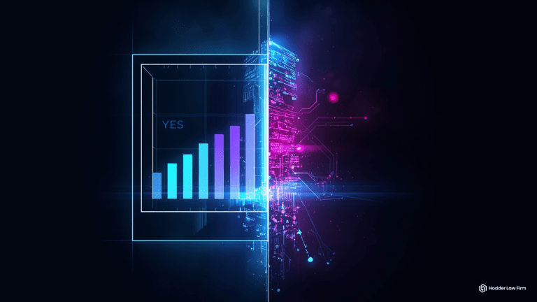 Futuristic split illustration showing a holographic prediction market trading interface connected to a digital legal pillar, symbolizing the intersection of event contracts and federal law.