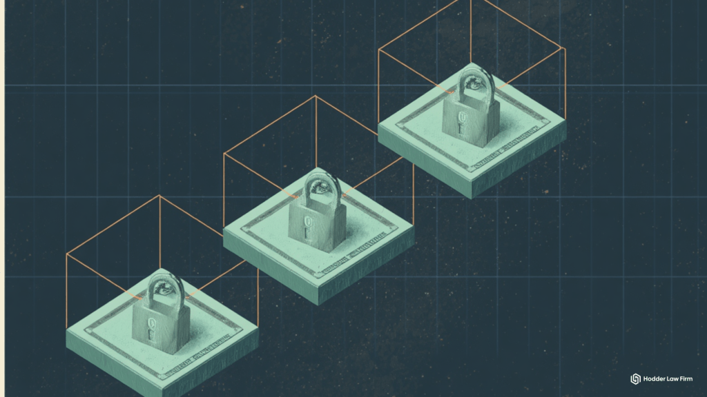 Three padlocked dollar bills arranged on a blockchain grid representing how the DEA tracks and freezes stablecoin transactions across the blockchain