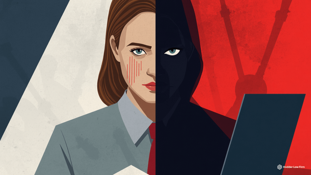 Editorial split portrait of a person on the calm side and a courtroom interrogation scene on the red side representing the innocent owner defense in DEA stablecoin forfeiture
