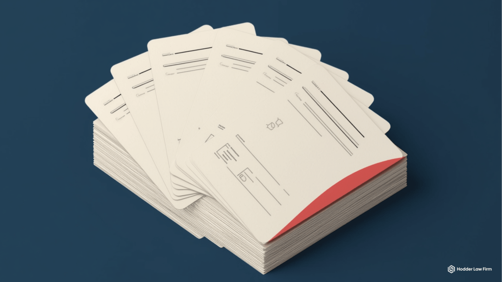 Fanned stack of legal filing documents with a red-edged file representing the multiple defense strategies available in DEA stablecoin forfeiture cases