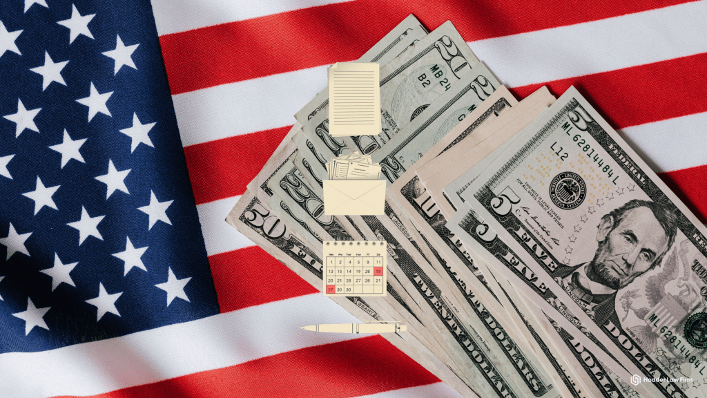 US flag with US currency, a calendar marking deadlines, a sealed envelope, a document, and a pen representing the immediate steps to take after a DEA stablecoin seizure