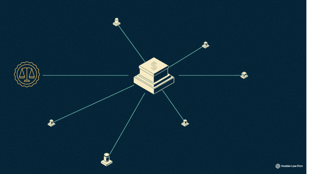 Central dollar-marked node connected by lines to a legal scales seal and multiple jurisdictional nodes representing Hodder Law's coordination with civil asset forfeiture counsel across the United States