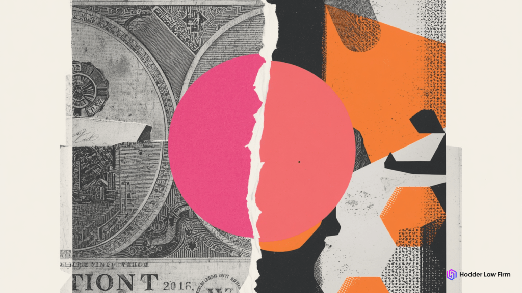 Torn dollar bill collage with pink and orange geometric shapes representing federal enforcement reaching into prediction markets