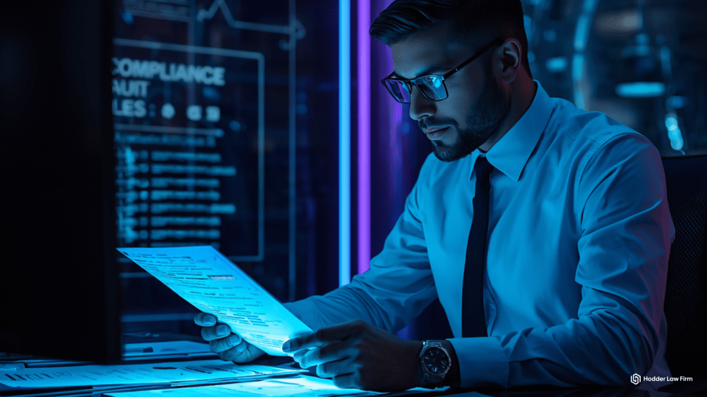 Futuristic legal compliance office with holographic documents representing AML independent review 