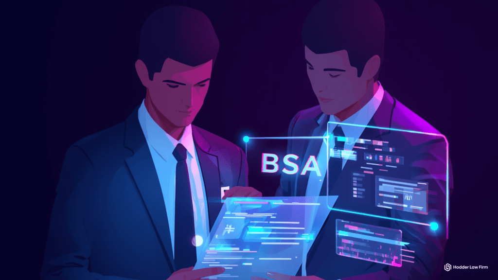 Two compliance professionals reviewing BSA documents and AML program data on holographic screens