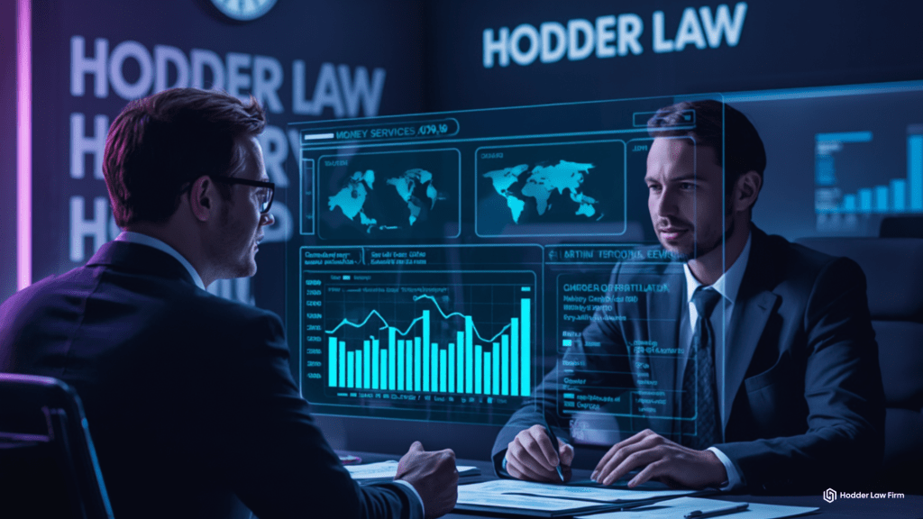 Abstract gavel and blockchain symbol representing crypto and MSB legal compliance services at Hodder Law 