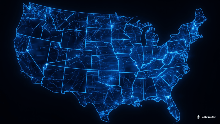 Fractured digital map of US states representing the patchwork of state data breach notification laws in 2026