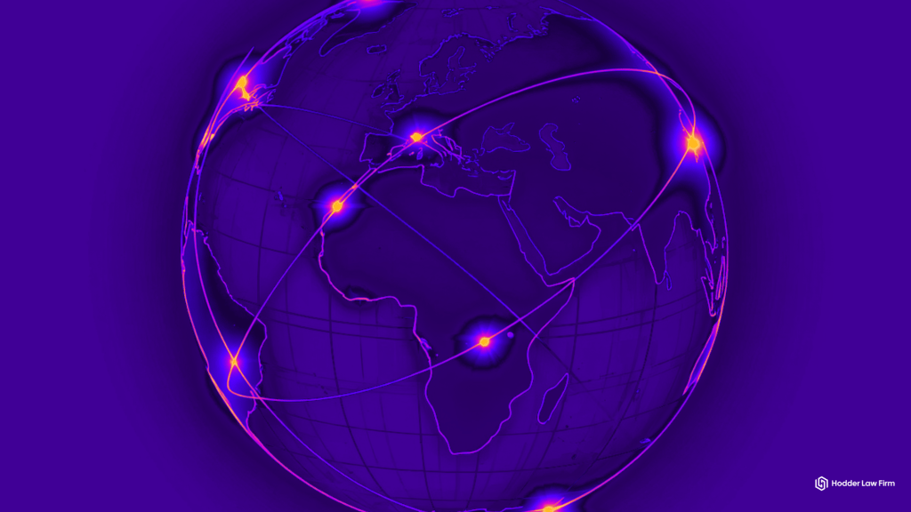 Illustration of cross-border transaction lines representing the Travel Rule's application to crypto and VASP transfers