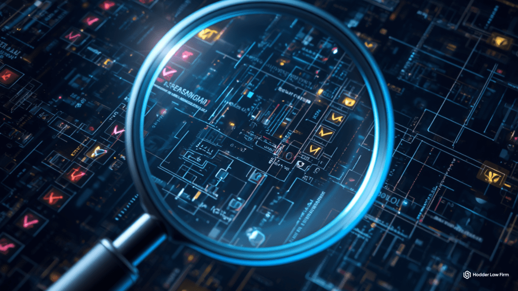 Magnifying glass reviewing a digital application for DFPI completeness requirements under California DFAL